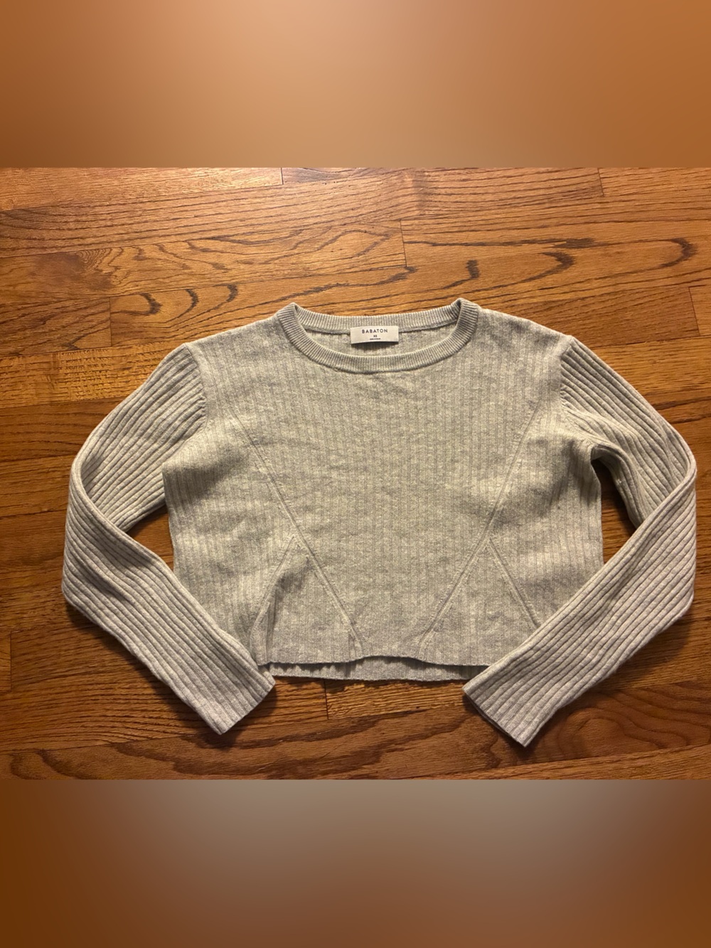 Babaton Light Gray Ribbed-Sleeve Crewneck Sweater